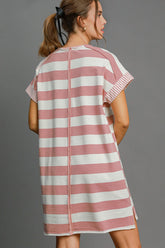 Umgee Peace Applique Striped Short Sleeve Mini Dress OutfitFlow